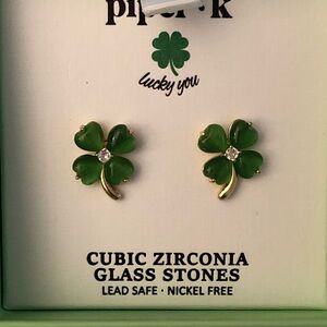 Piper K Lucky You Gold Tone & Green Cubic Zirconia Shamrock Stud Earrings NIB